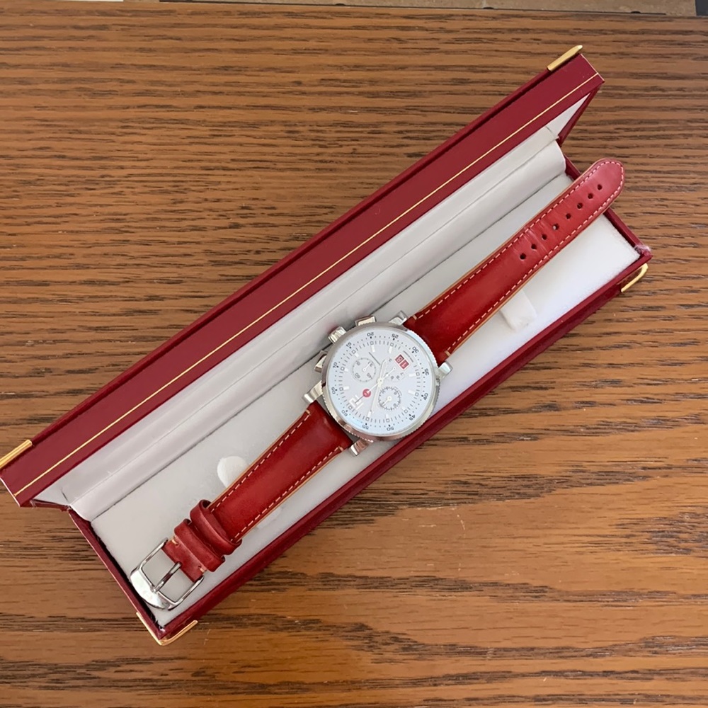 Michele watch, unisex, red 9” L x 1.5 W x .25 H